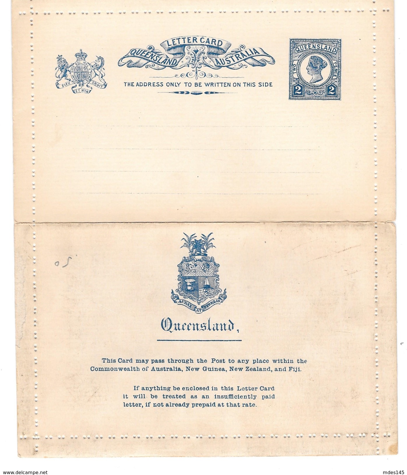 Queensland Australia Postal Stationery Lettercard 2p Victoria Blue Unused Folded - Postal Stationery