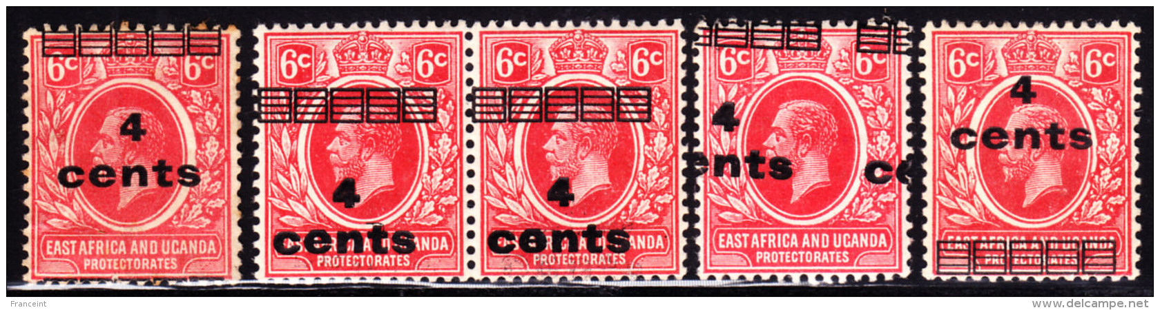 East Africa &amp; Uganda 1919 4c On 6c KGV Shifted Overprints 5 Examples. Scott 62. MH/MNH. - Protettorati De Africa Orientale E Uganda