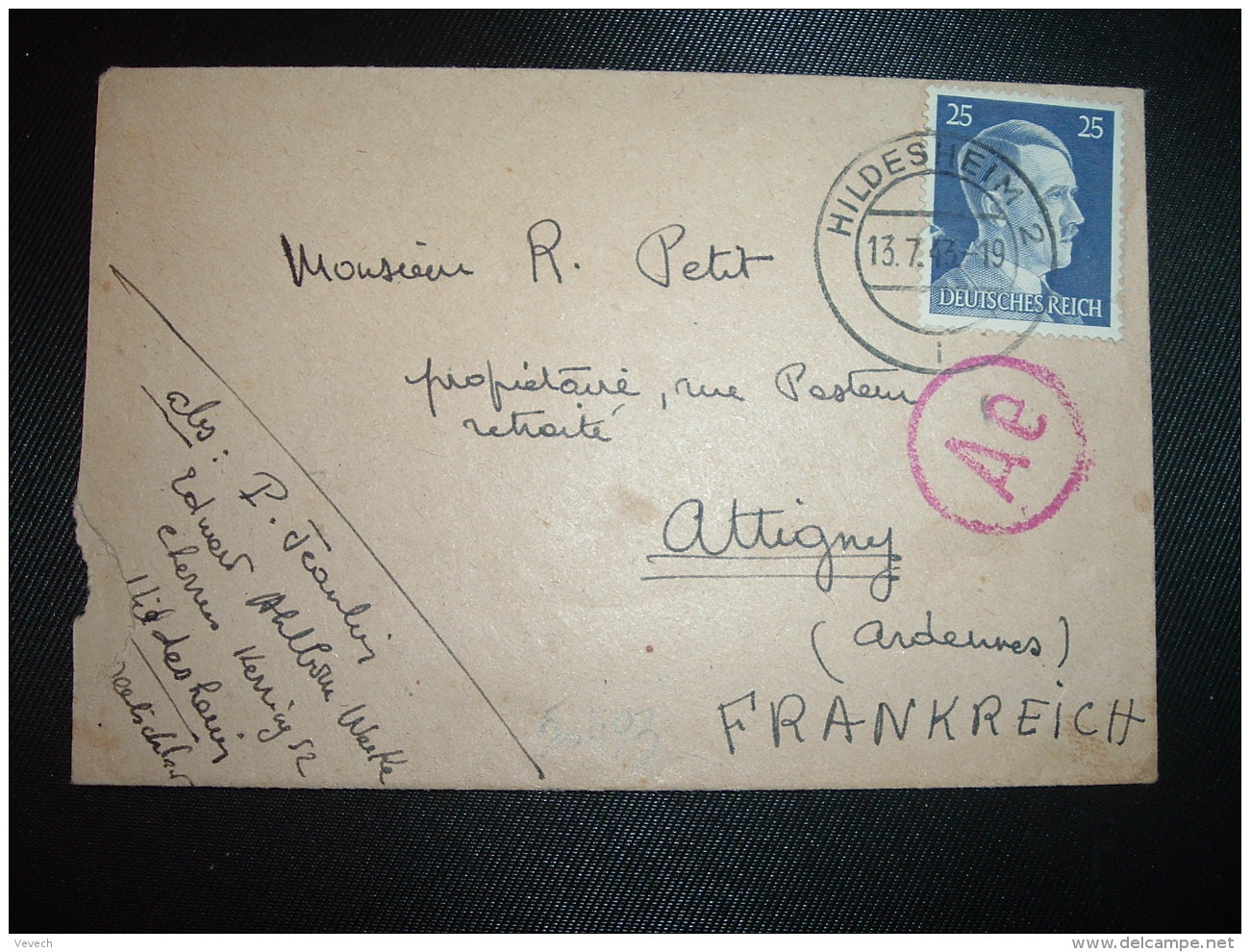 LETTRE TP 25 OBL.13 7 43 HILDESHEIM 2 Pour ATTIGNY ARDENNES (FRANCE) + CENSURE - WW2