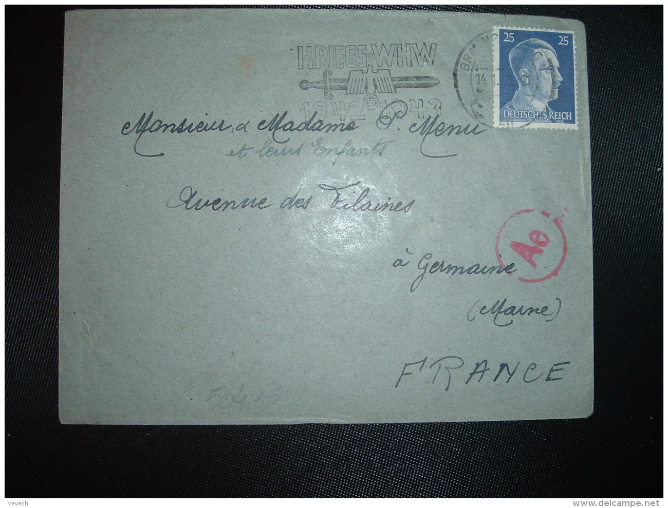 LETTRE TP 25 OBL.MEC.14 1 43 BRAUNSCHWEIG 7 Pour GERMAINE MARNE (FRANCE) + CENSURE - WW2