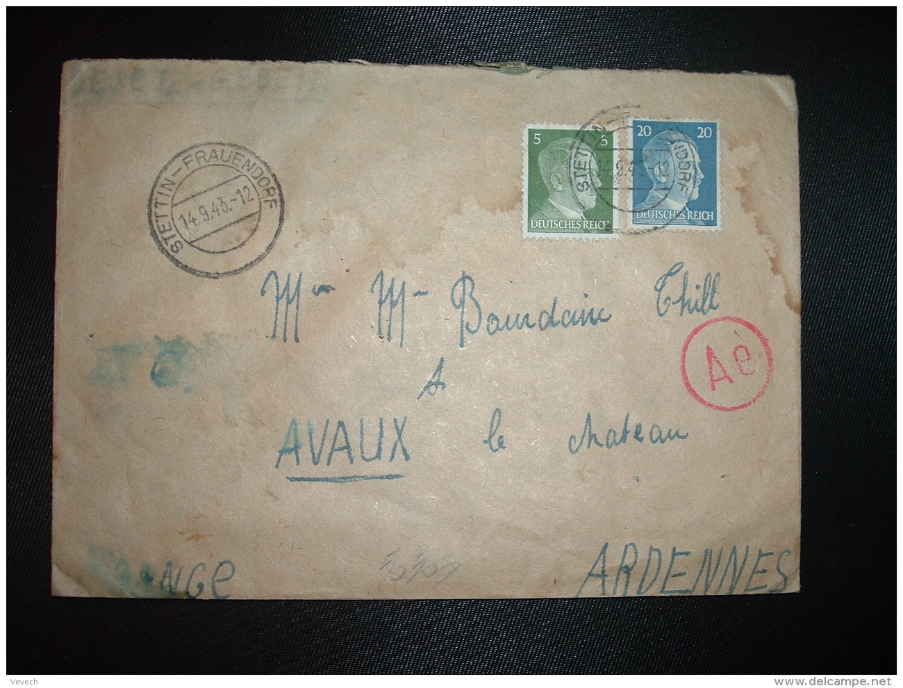 LETTRE TP ALLEMAGNE 20 + TP 5 OBL.14 9 43 STETTIN-FRAUENDORF Pour AVAUX ARDENNES (FRANCE) + CENSURE - 2. Weltkrieg