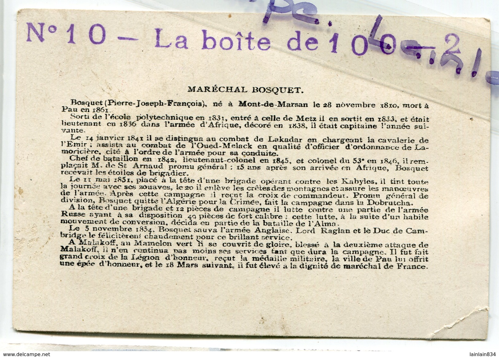 - N° 10 - Ancienne Chromo - Maréchal G BOSQUET, Criméei, BE, Scans. - Other & Unclassified