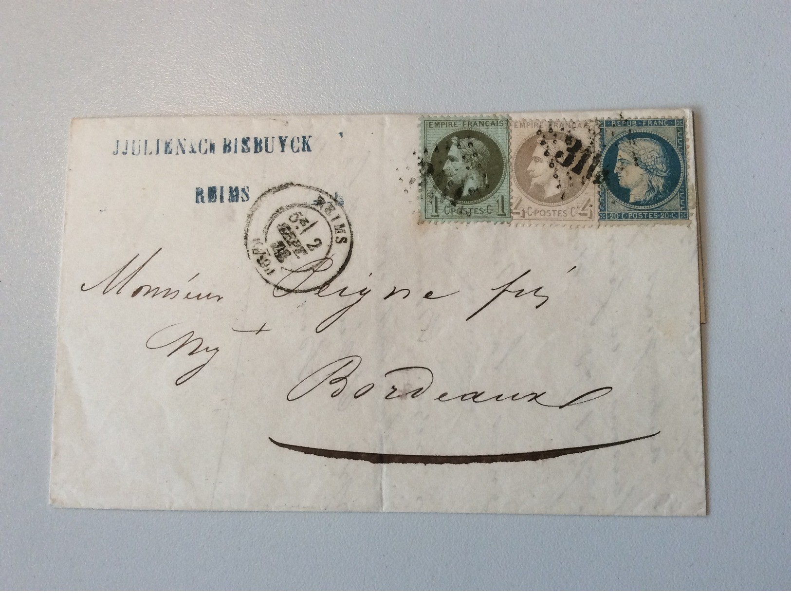 France Lettre REIMS 2 SEPT 71 Affr. Tricolore Napoléon Lauré + Cérès  (DEUXIÉME JOUR DU TARIF A 25c) > Bordeaux  (cover - 1849-1876: Période Classique