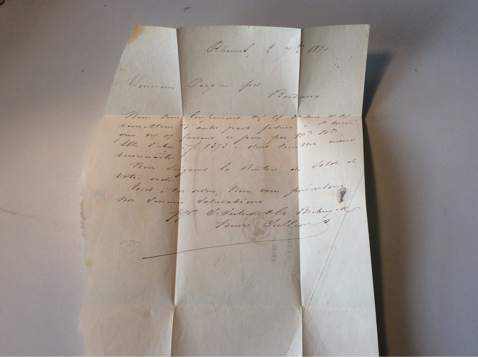 France Lettre REIMS 2 SEPT 71 Affr. Tricolore Napoléon Lauré + Cérès  (DEUXIÉME JOUR DU TARIF A 25c) > Bordeaux  (cover - 1849-1876: Classic Period