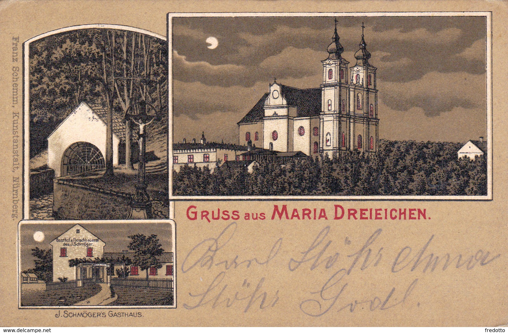 Gruss Aus Maria Dreieichen-Mondschein-Litho 1908.Gasthof & Fleischhauerei J.Schmöger Gasthaus. - Horn