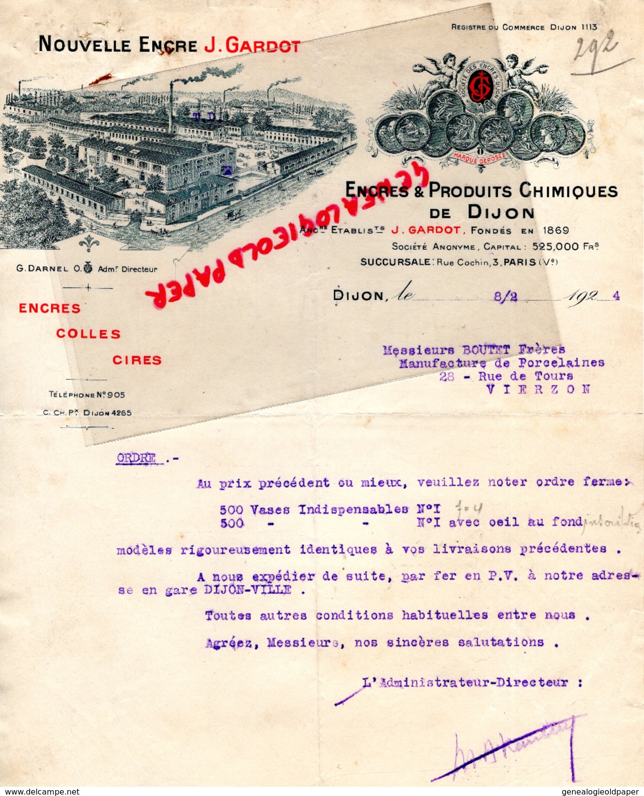 21 - DIJON - FACTURE NOUVELLE ENCRE J. GARDOT- ENCRES COLLES CIRES- 1924 IMPRIMERIE LITHOGRAPHIE - Imprenta & Papelería