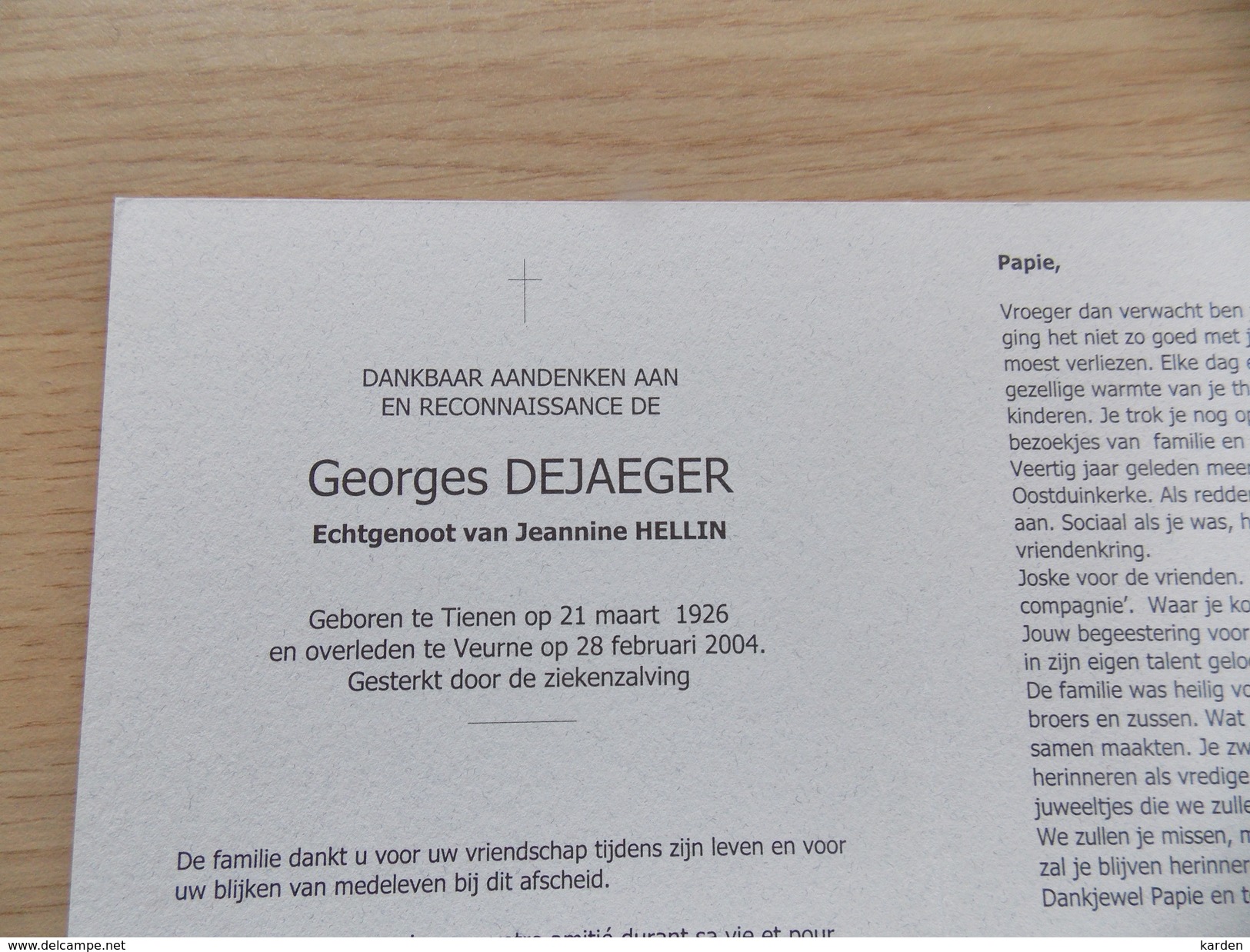 Doodsprentje Georges Dejaeger Tienen 21/3/1926 Veurne 28/2/2004 ( Jeannine Hellin ) - Religión & Esoterismo