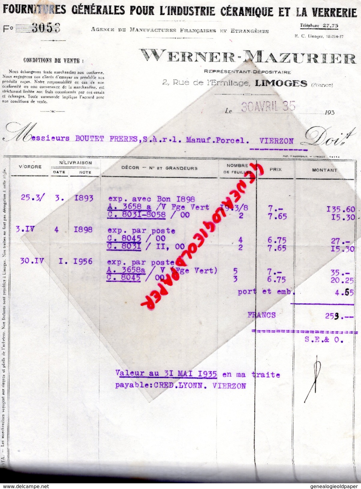 87 - LIMOGES- WERNER MAZURIER - FOURNITURES POUR INDUSTRIE CERAMIQUE VERRERIE PORCELAINE- 2 RUE ERMITAGE-1935 - 1900 – 1949