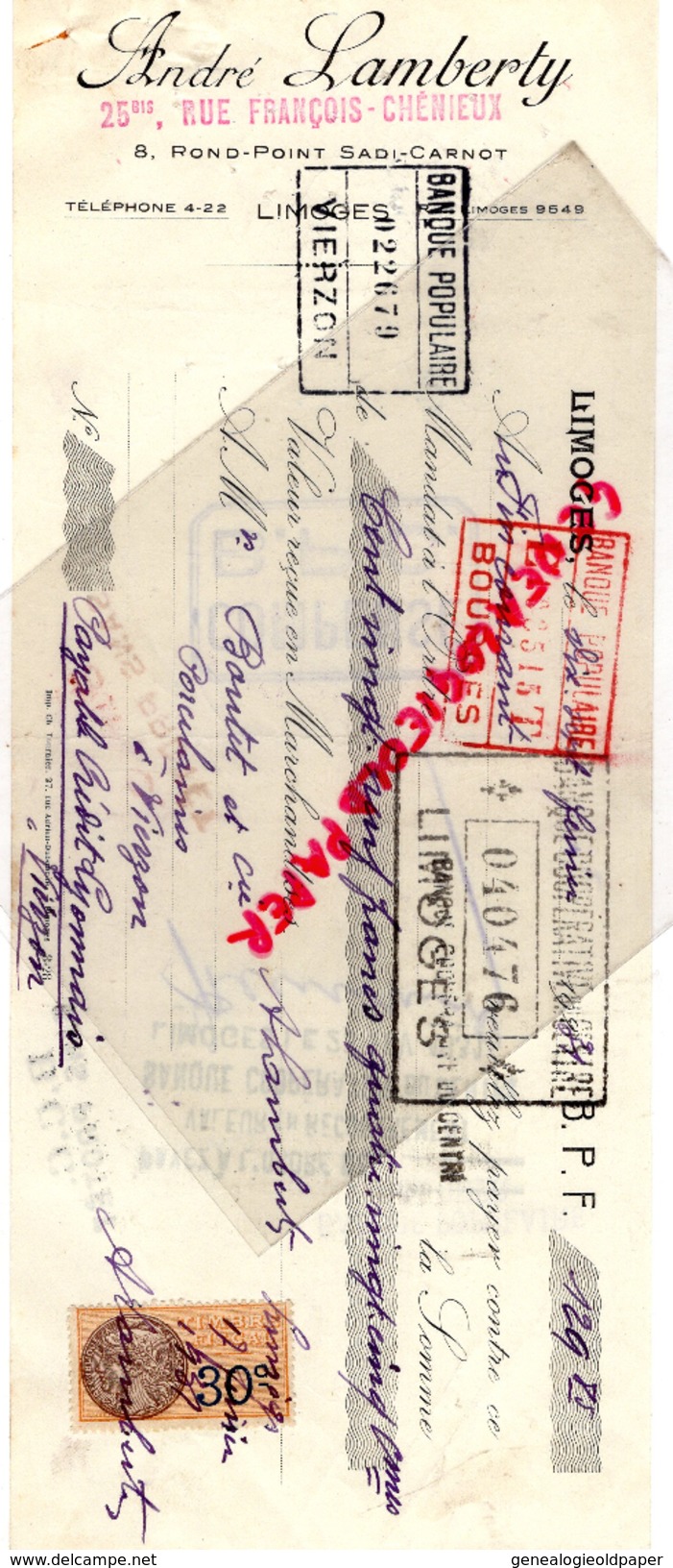 87 - LIMOGES-  TRAITE ANDRE LAMBERTY -25 BIS RUE FRANCOIS CHENIEUX-8 ROND POINT SADI CARNOT- 1931 - Andere & Zonder Classificatie
