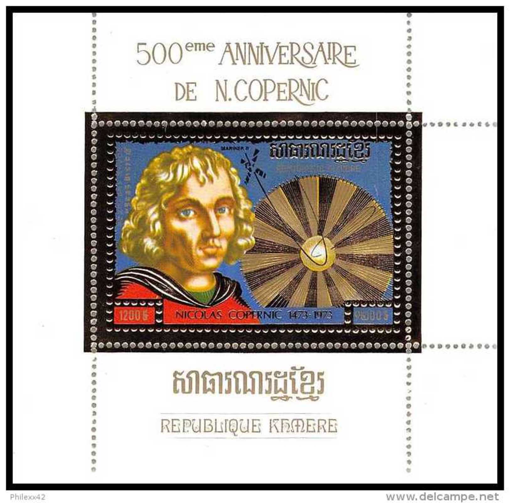 01/ Khmère Cambodge (Cambodia) ** MNH Copernic Copernicus Kopernik Bloc OR (gold Stamps) - Kampuchea