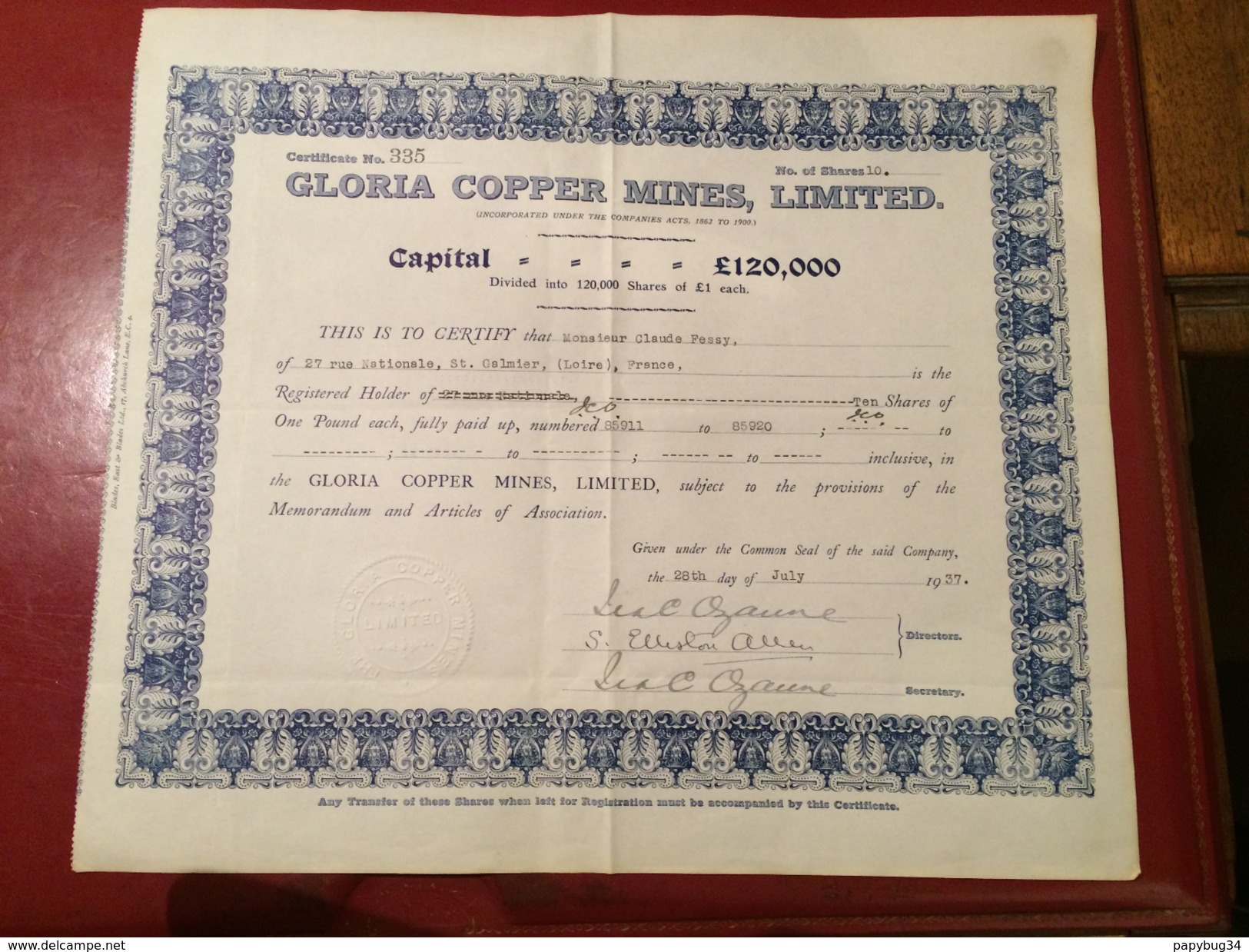 GLORIA   COPPER   MINES  , LIMITED  -------  Titre   De  10   Actions - Mines