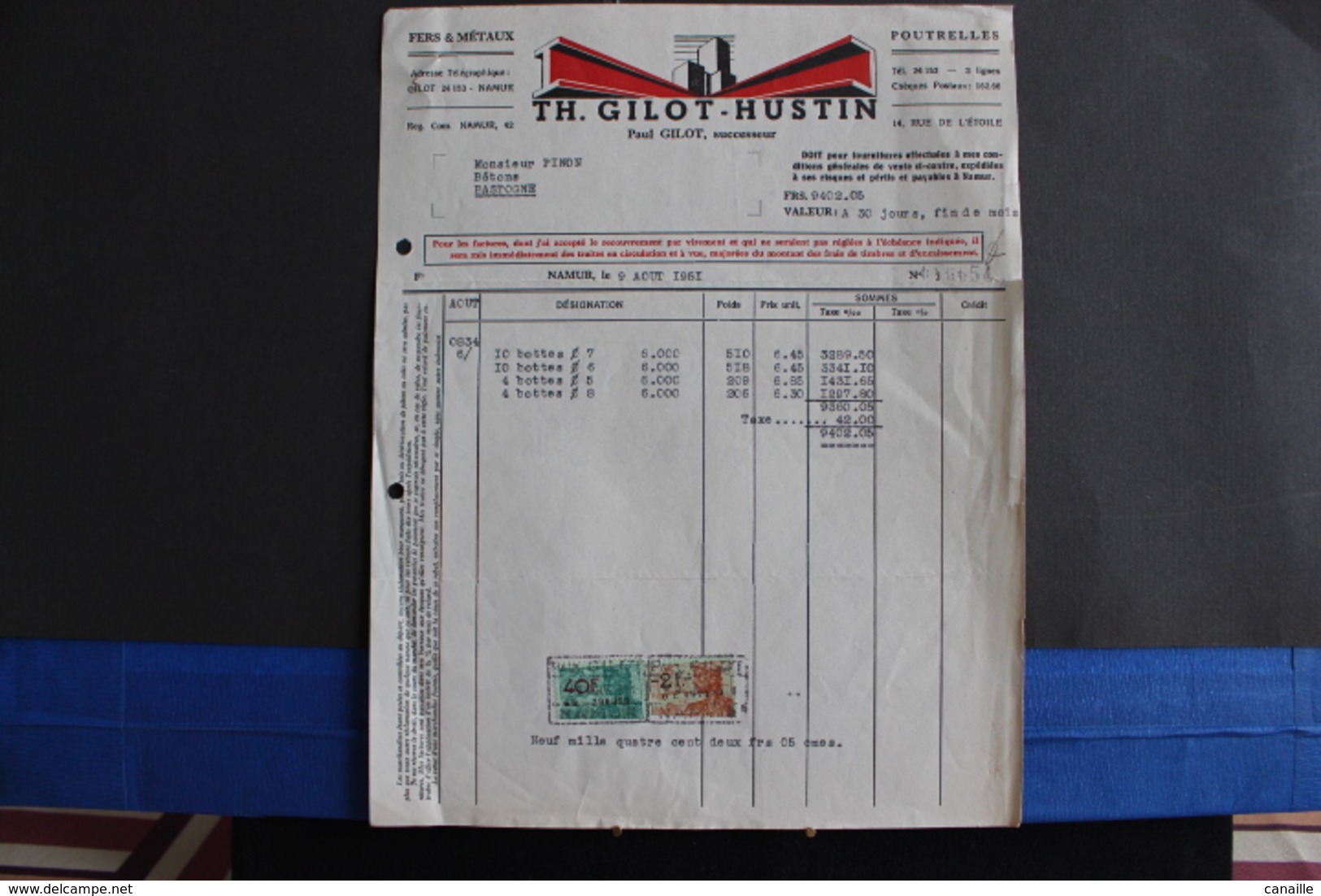 Fac-29 / Namur - Th. Gilot - Hustin  -  Fer & Métaux ( Poutrelles )   / 1951 - Petits Métiers