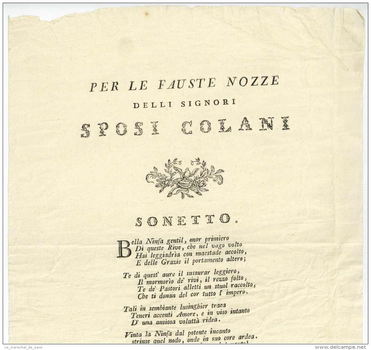 COMO Italie Affiche Ca. 30,5 X 40 Cm 1791 Per Le Fauste Nozze Delli Signori Sposi COLANI Sonetto - Documents Historiques