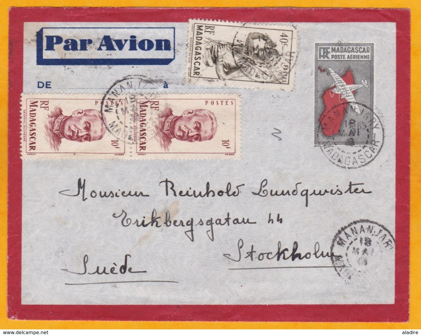 1946 - Entier Enveloppe Par Avion Avec Complément D'affranchissement De Mananjary Vers Stockholm, Suède - Cad Transit - Briefe U. Dokumente