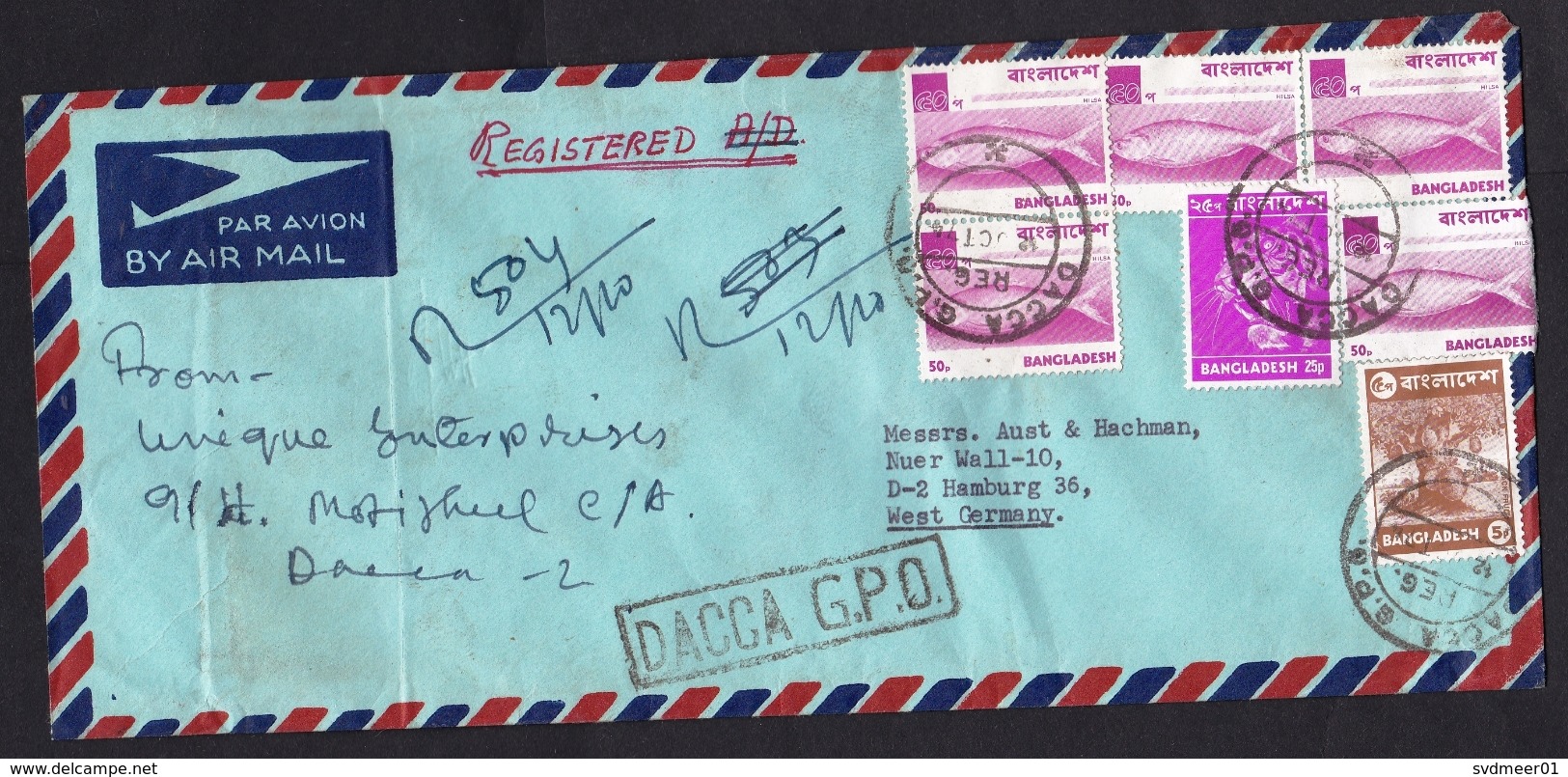 Bangladesh: Registered Airmail Cover To Germany, 1974, 7 Stamps, Fish, Tiger, Jack Fruit Tree, Animals (minor Damage) - Bangladesh