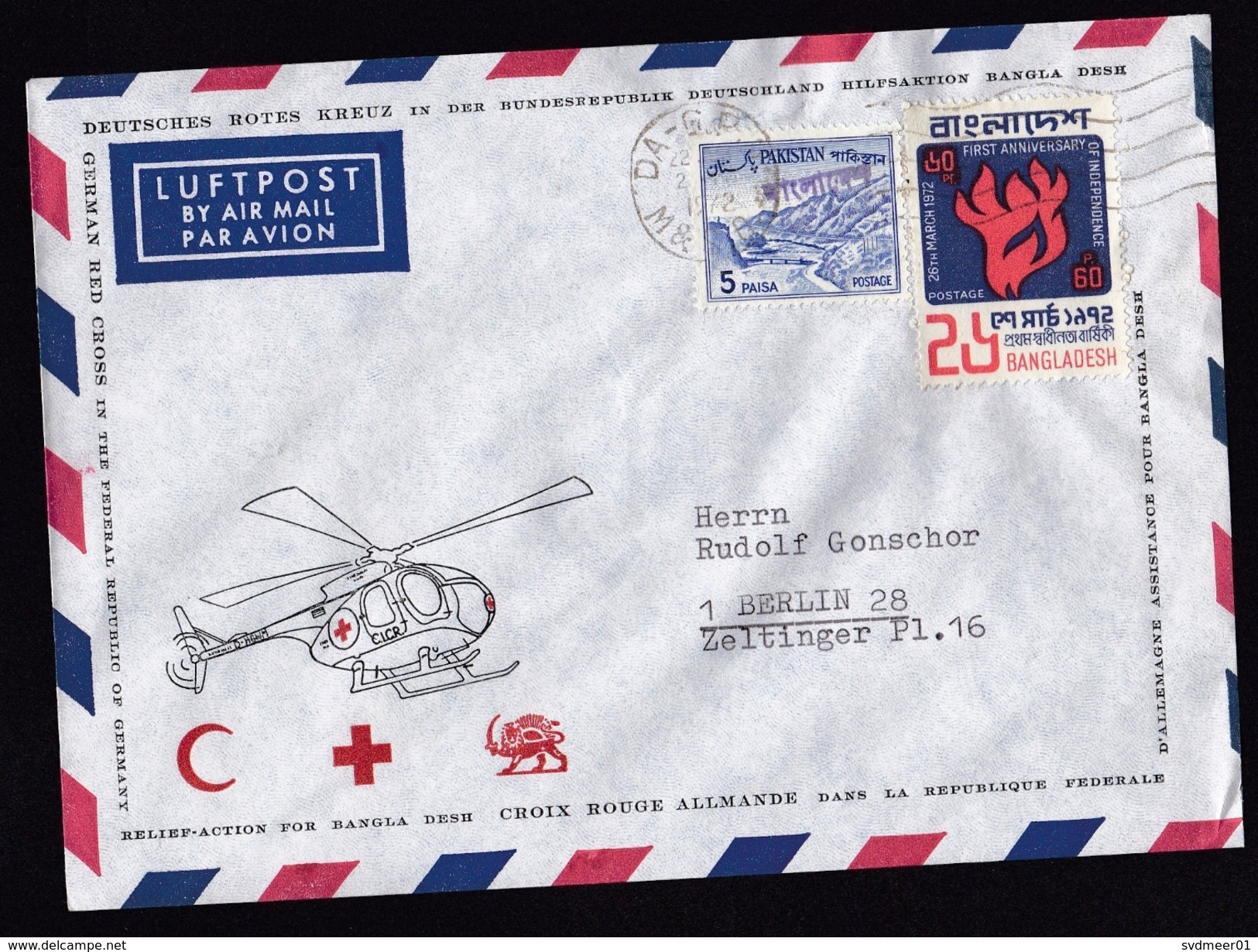 Bangladesh: Airmail Cover To Germany, 1972, 2 Stamps, Overprint On Pakistan, German Red Cross Helicopter (traces Of Use) - Bangladesh