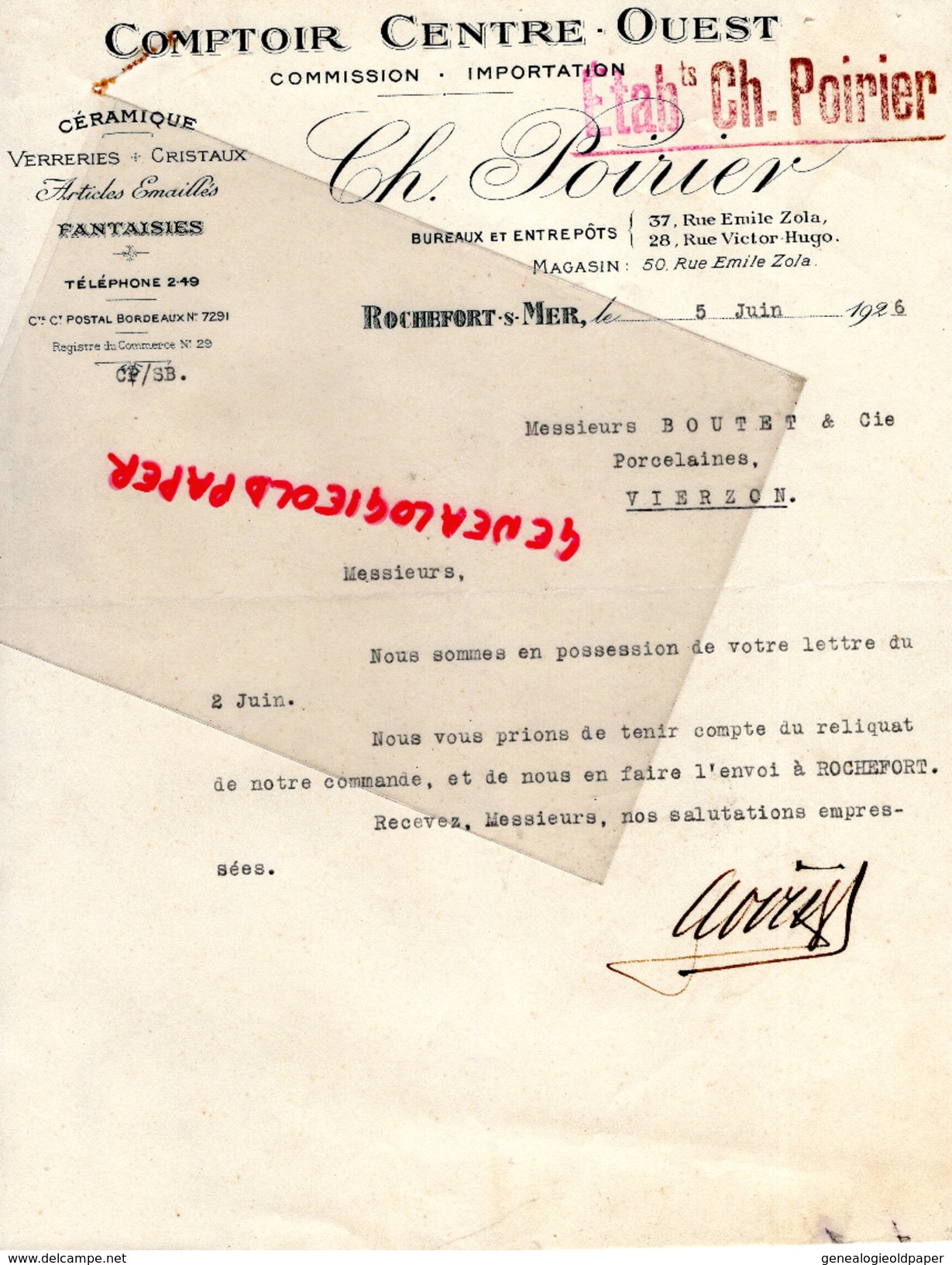 17 - ROCHEFORT SUR MER - CH. POIRIER- COMPTOIR CENTRE OUEST- CERAMIQUE- VERRERIE- 37 RUE EMILE ZOLA- 1926 - 1900 – 1949