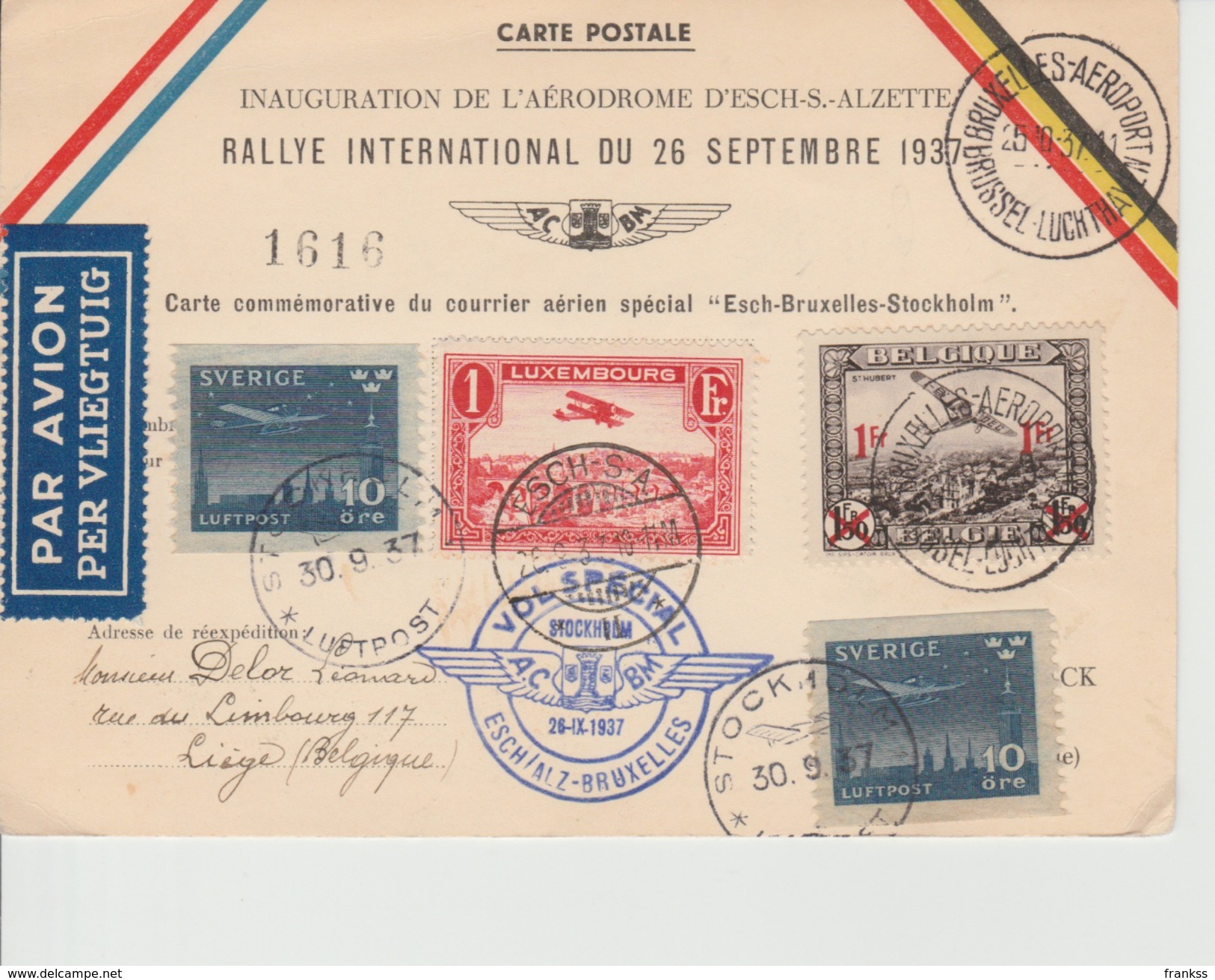 Luchtpost Luxemburg - Brussel - Stockholm 1937 ?? ??? ?? - Other & Unclassified