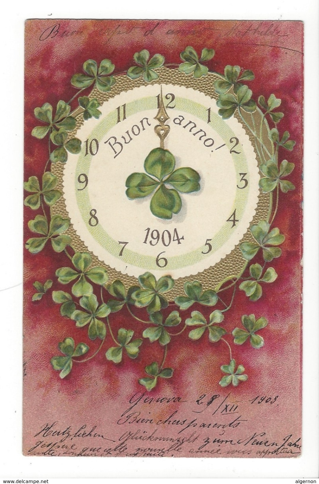 16201 - Buon Anno1904 Horloge Et Trèfles à Quatre Carte En Relief - Nouvel An