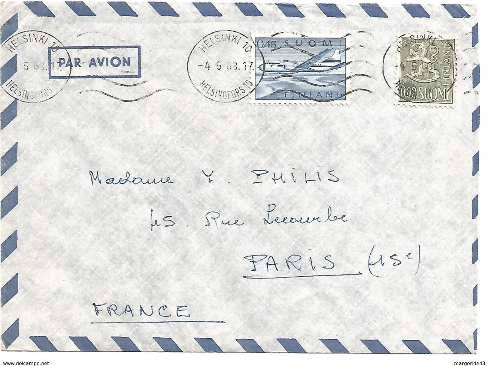 SUEDE LETTRE AVION DE HELSINKI POUR LA FRANCE 1968 - Sonstige & Ohne Zuordnung