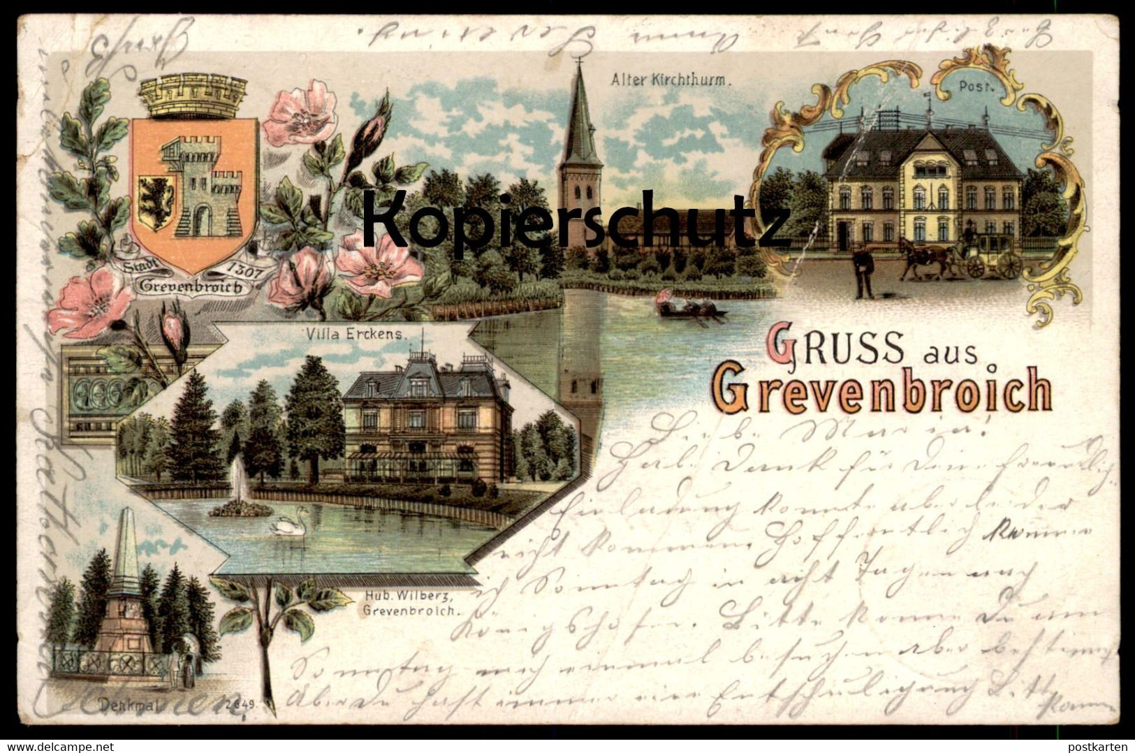 ALTE LITHO POSTKARTE GRUSS AUS GREVENBROICH POST ALTER KIRCHTHURM VILLA ERCKENS DENKMAL Postcard Ansichtskarte Cpa AK - Grevenbroich