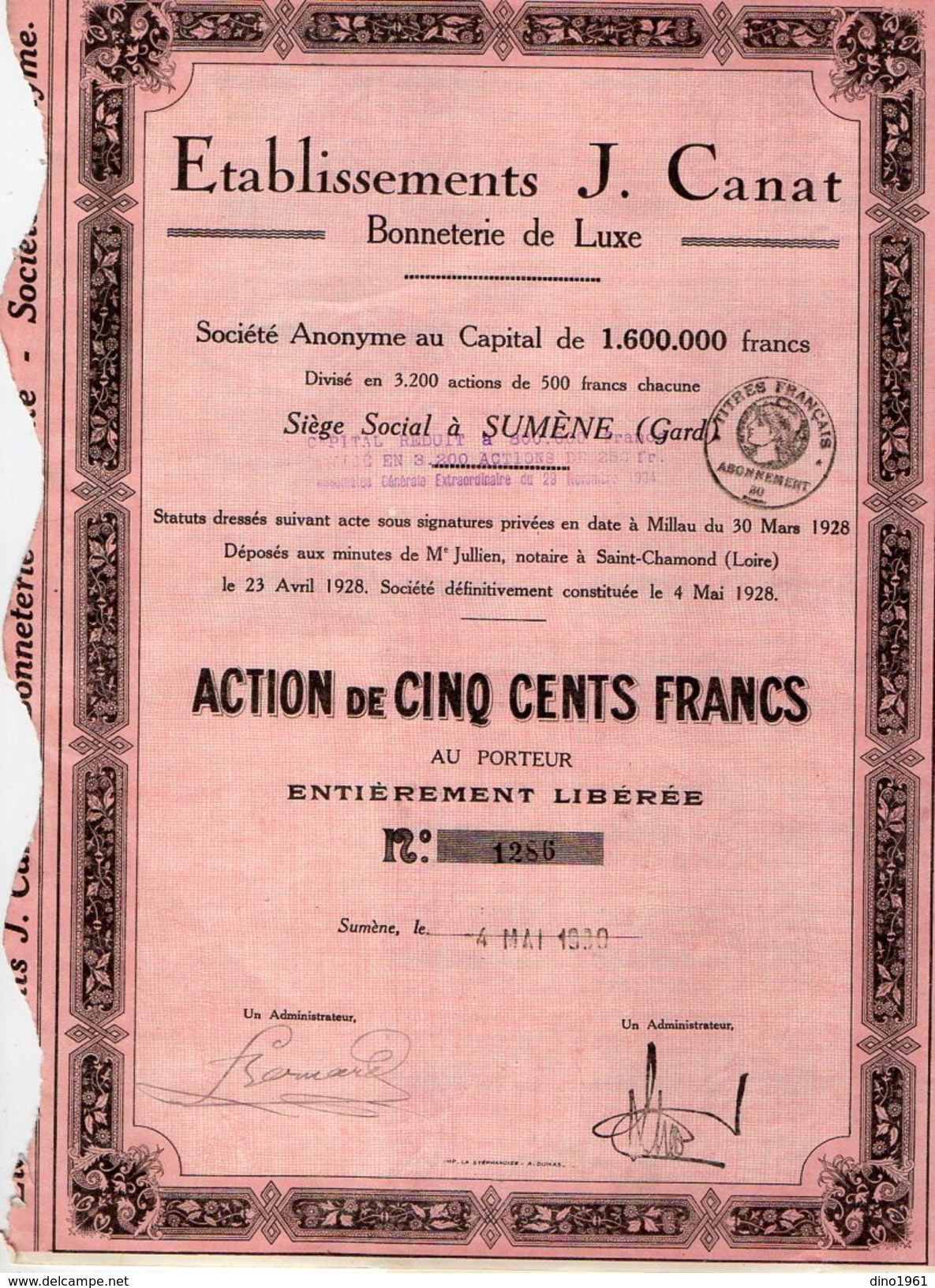 VP7519 - Action Des Etablissements J.CANAT - Siège Social à SUMENE ( Gard ) - Tessili