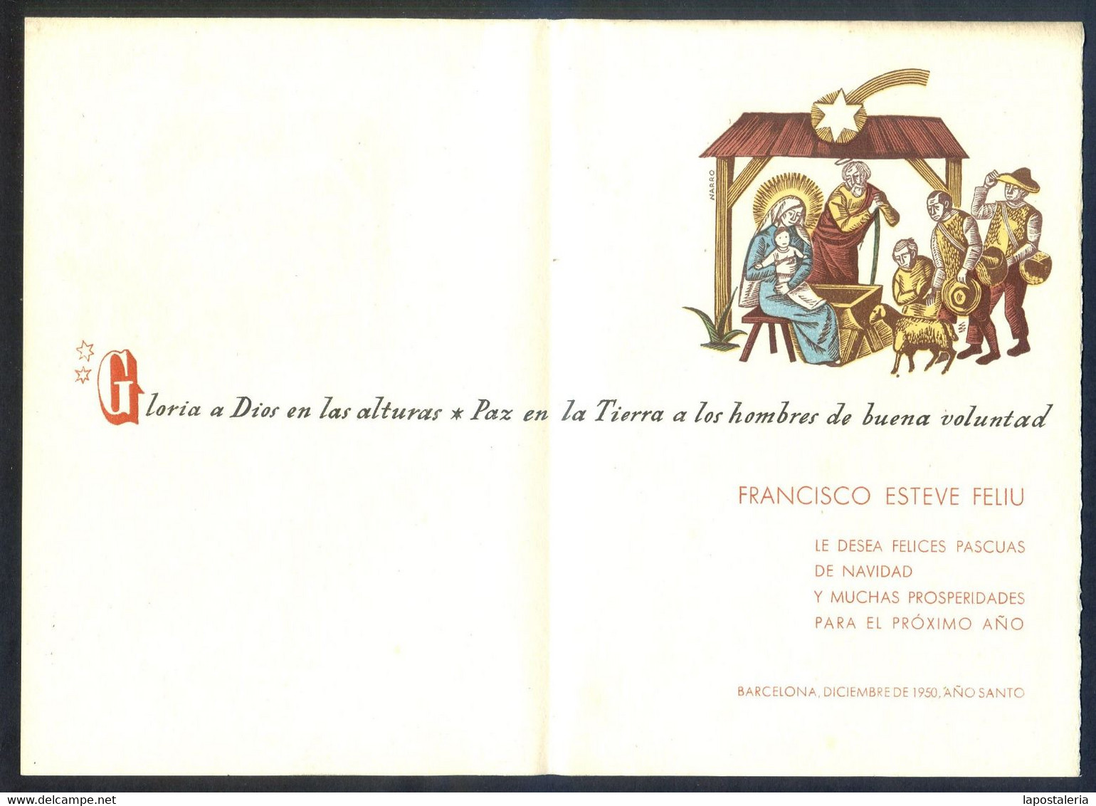 Felicitacion De Navidad. *Francisco Esteve Feliu. Barcelona 1950* Artista *Narro* Díptico 176x125 Mms. - Otros & Sin Clasificación