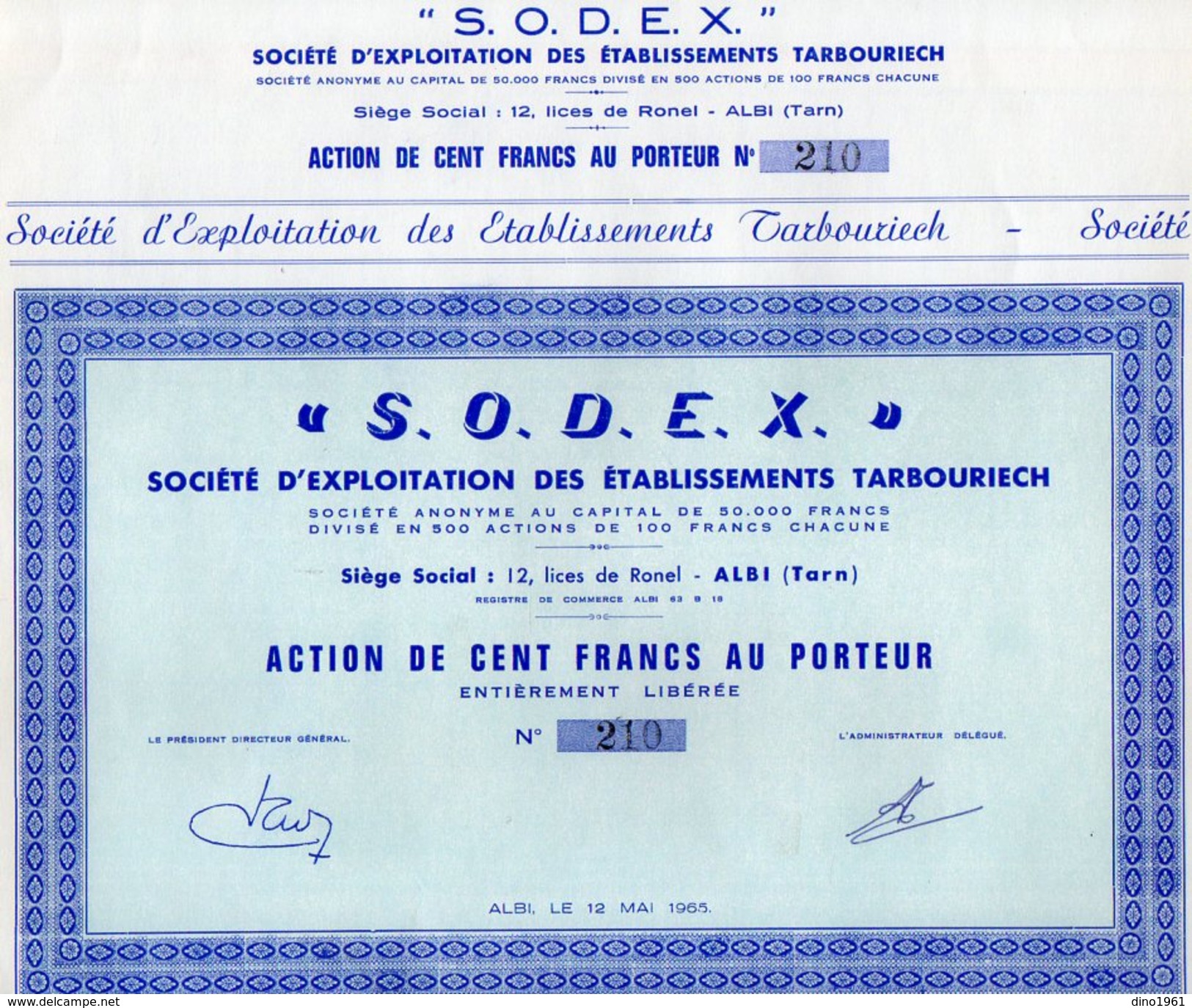 VP7520 - Action De La Société S.O.D.E.X - Société D'Exploitation Des Etablissements Tarbouriech à ALBI - S - V