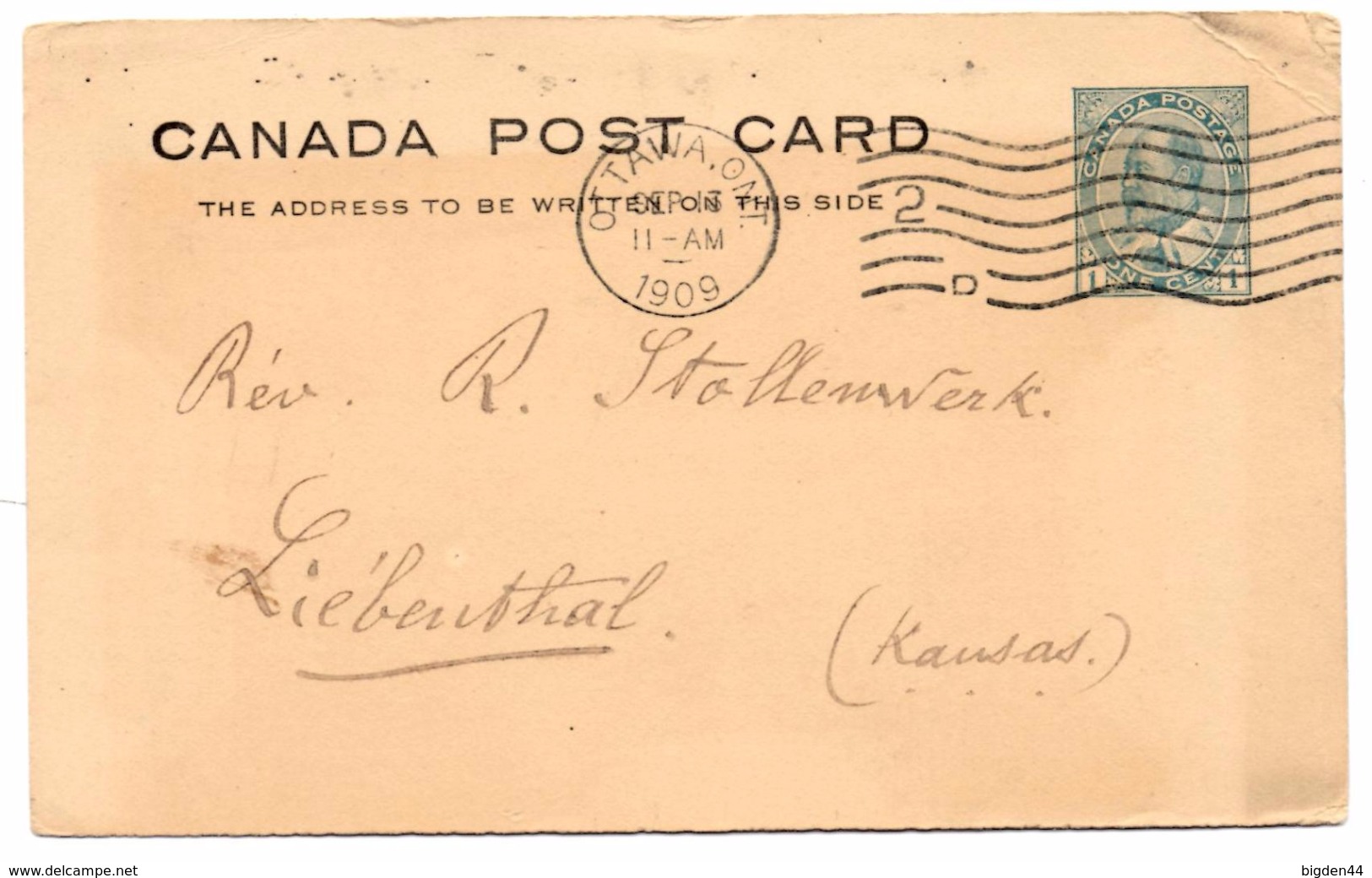 CP De Ottawa (19.09.1909) Pour Liebenthal, Kansas - 1903-1954 De Koningen