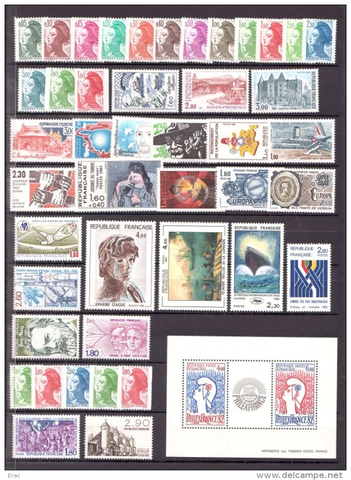 FRANCE - 1982 - Année Complète - Timbres N° 2178 à 2251 (BF N° 8 Pour Les N° 2216 Et 2217) - Neufs ** - 1980-1989