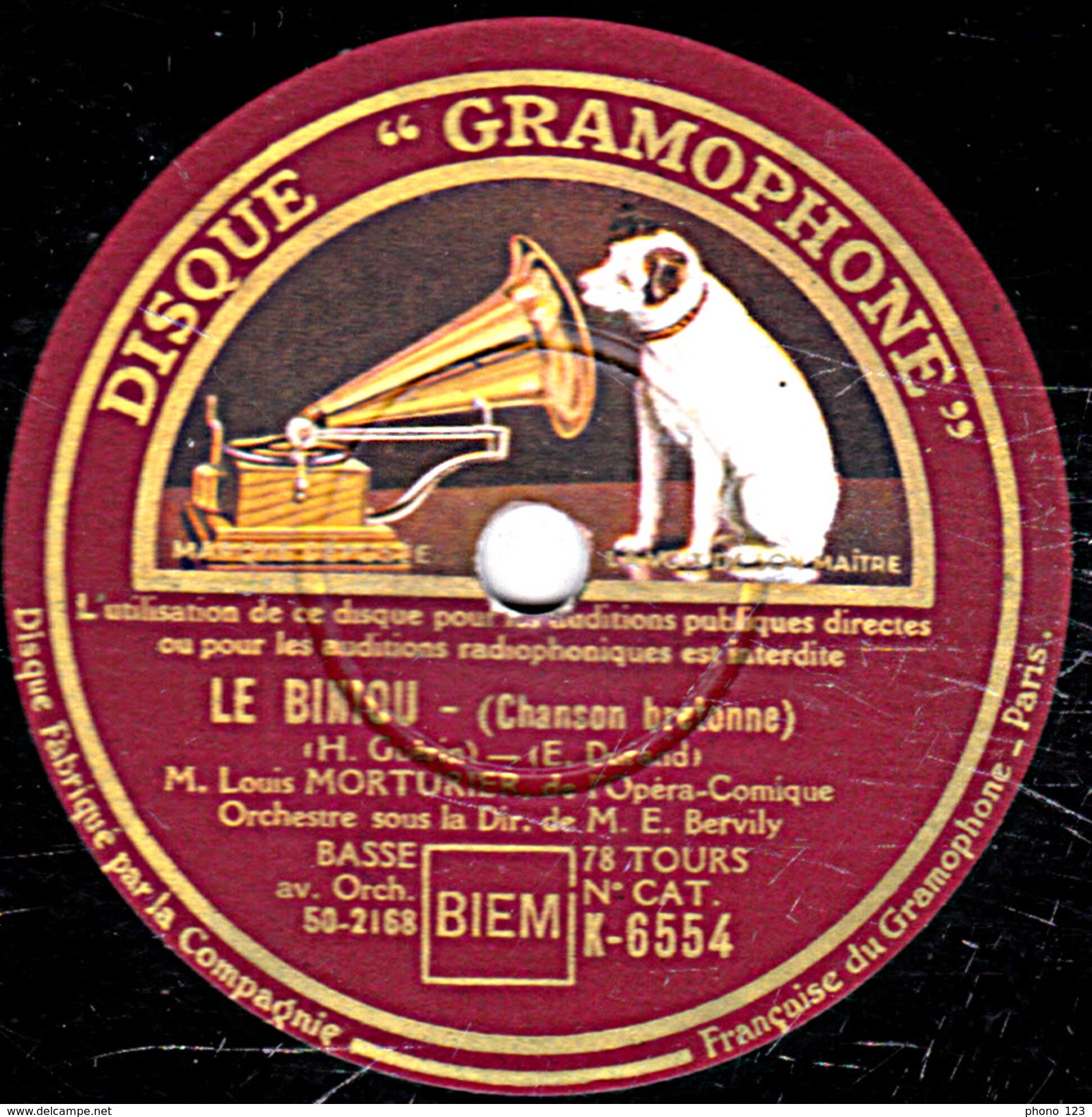 78 T. - 25 Cm - état B -  Louis MORTURIER - LE BINIOU - LA BERCEUSE DU VIOLONEUX - 78 T - Disques Pour Gramophone