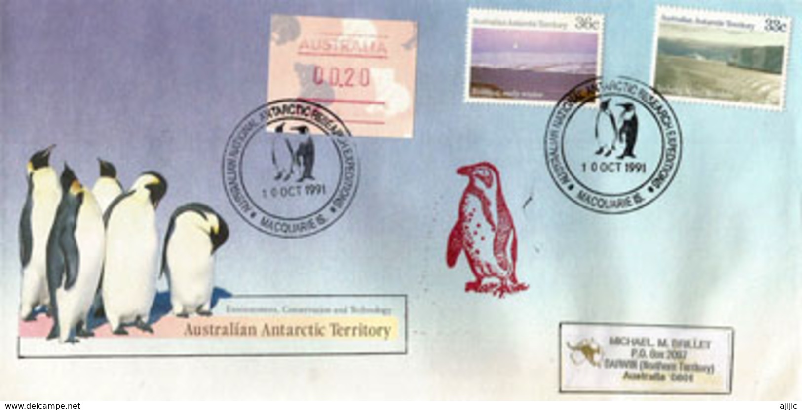 Manchots, Macquarie Island, Antarctique Australien, Lettre De L'île Macquarie Adressée Au Territoire Du Nord - Faune Antarctique