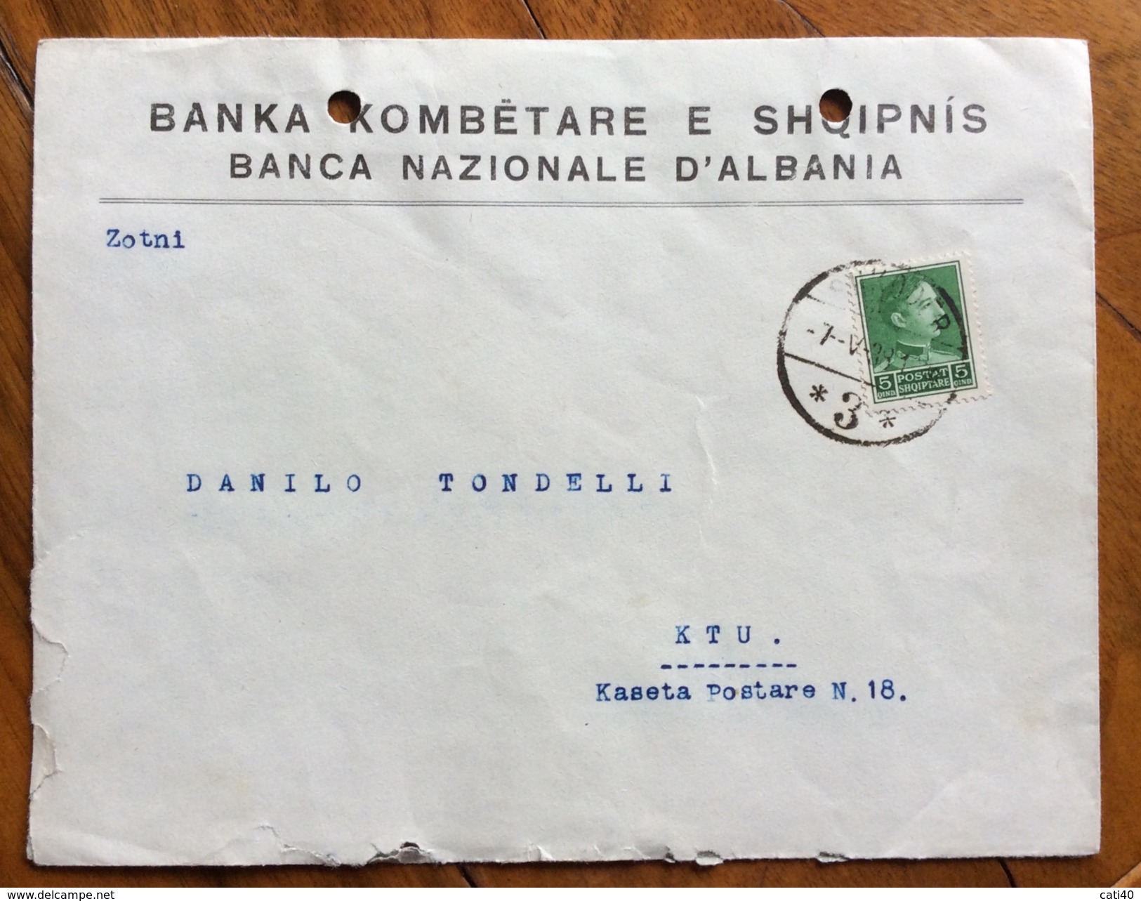 BANCA NAZIONALE D'ALBANIA BUSTA INTESTATA PER KTU IN DATA 7/5/1938 CON 5q. - Albania