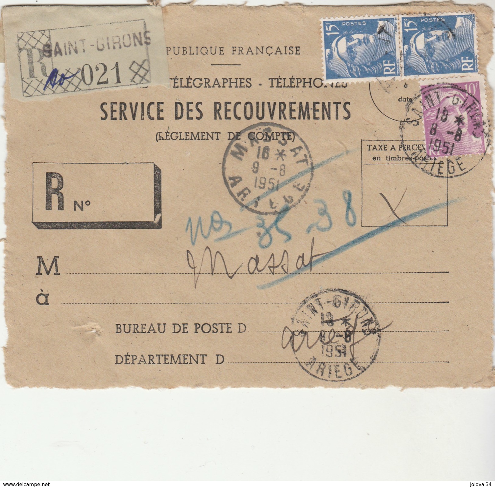 Yvert 811 + 886 X 2 Gandon Sur Devant Lettre Recommandée Valeurs Recouvrer SAINT GIRONS 8/8/1951 à Massat Ariège - Covers & Documents