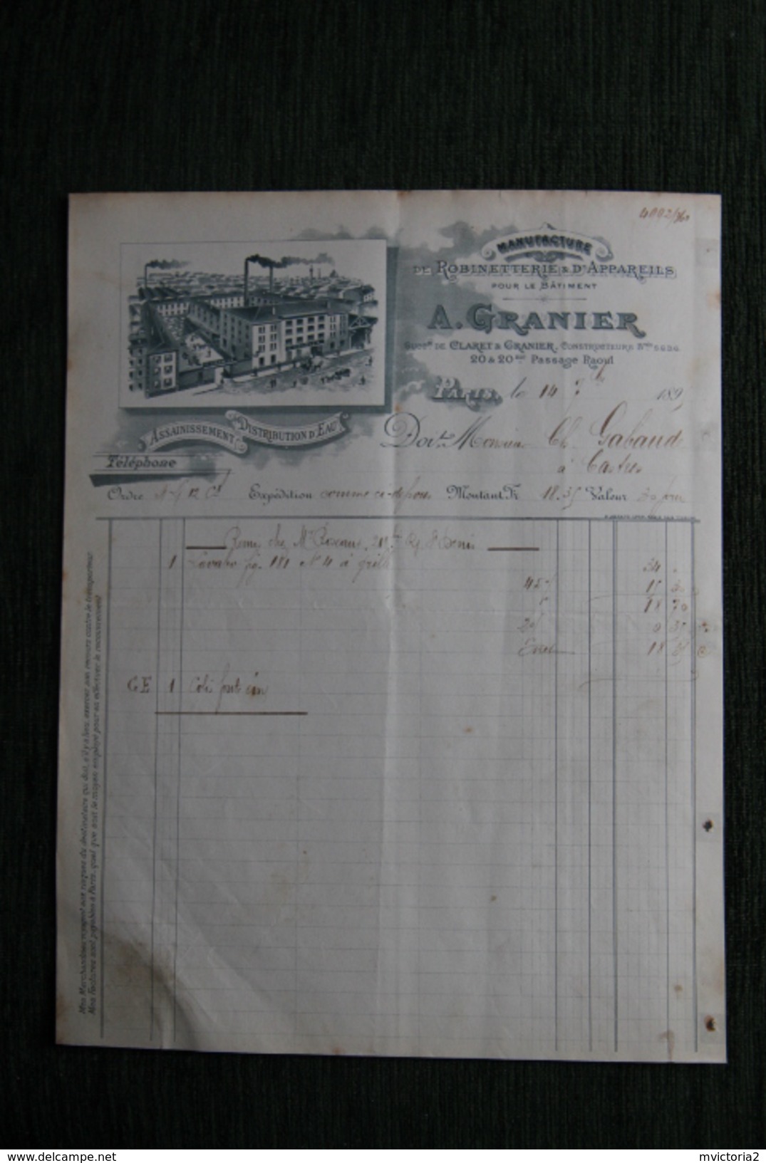 Facture Ancienne - PARIS - Manufacture De Robinetterie D'appareils , A.GRANIER - 1800 – 1899