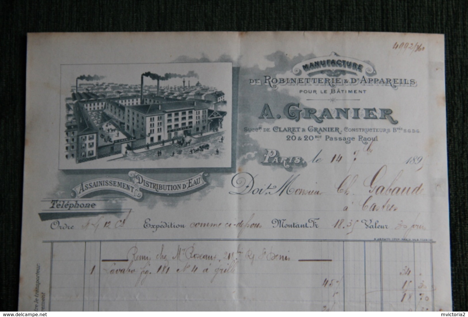 Facture Ancienne - PARIS - Manufacture De Robinetterie D'appareils , A.GRANIER - 1800 – 1899