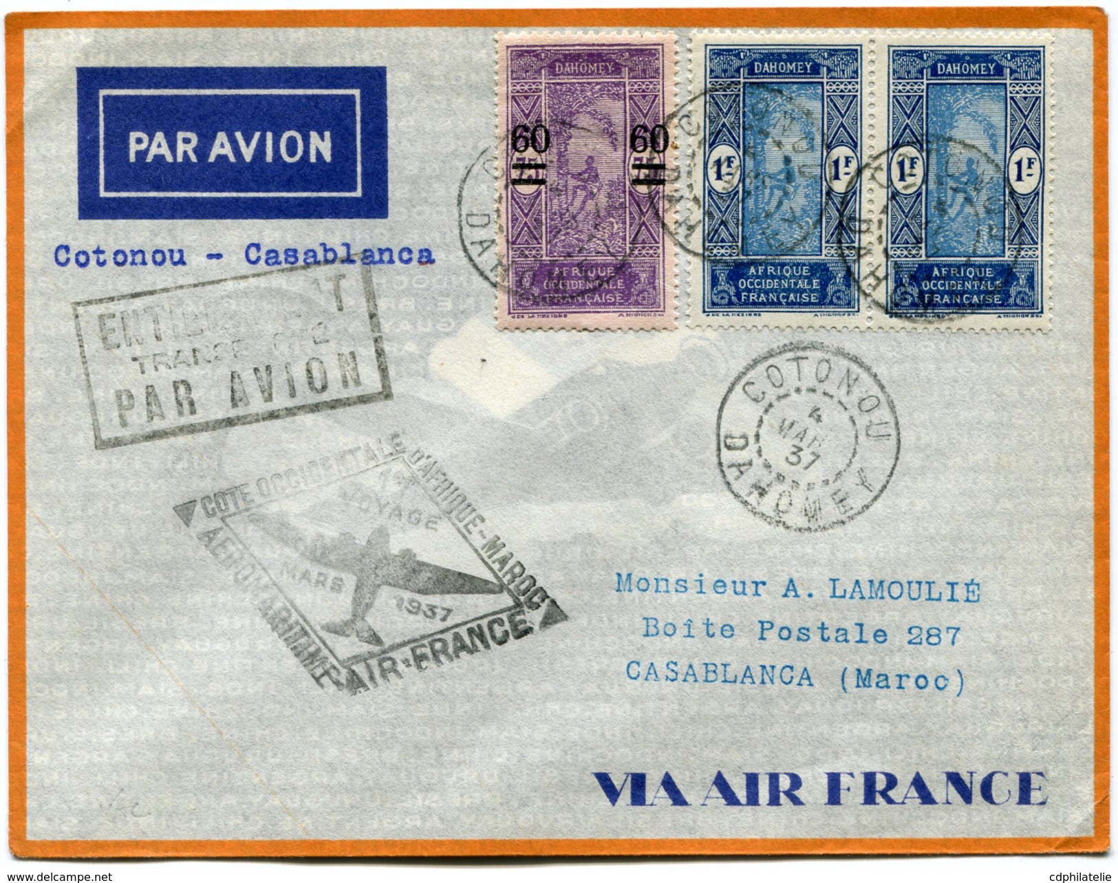 DAHOMEY LETTRE AVEC CACHET "ENTIEREMENT TRANPORTE PAR AVION" DEPART COTONOU 4 MARS 37 POUR LE MAROC - Lettres & Documents