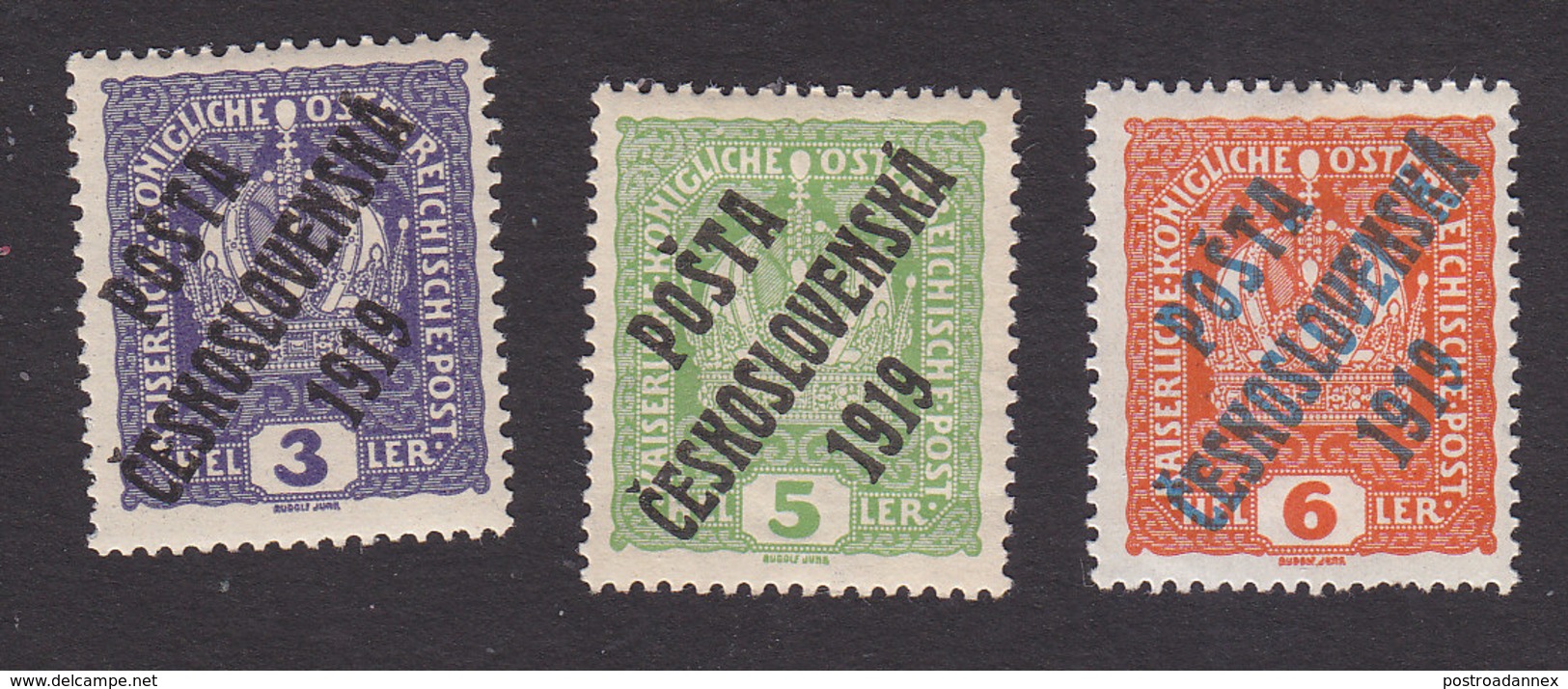 Czechoslovakia, Scott #B1-B3, Mint Hinged, Austrian Stamps Overprinted, Issued 1919 - Unused Stamps