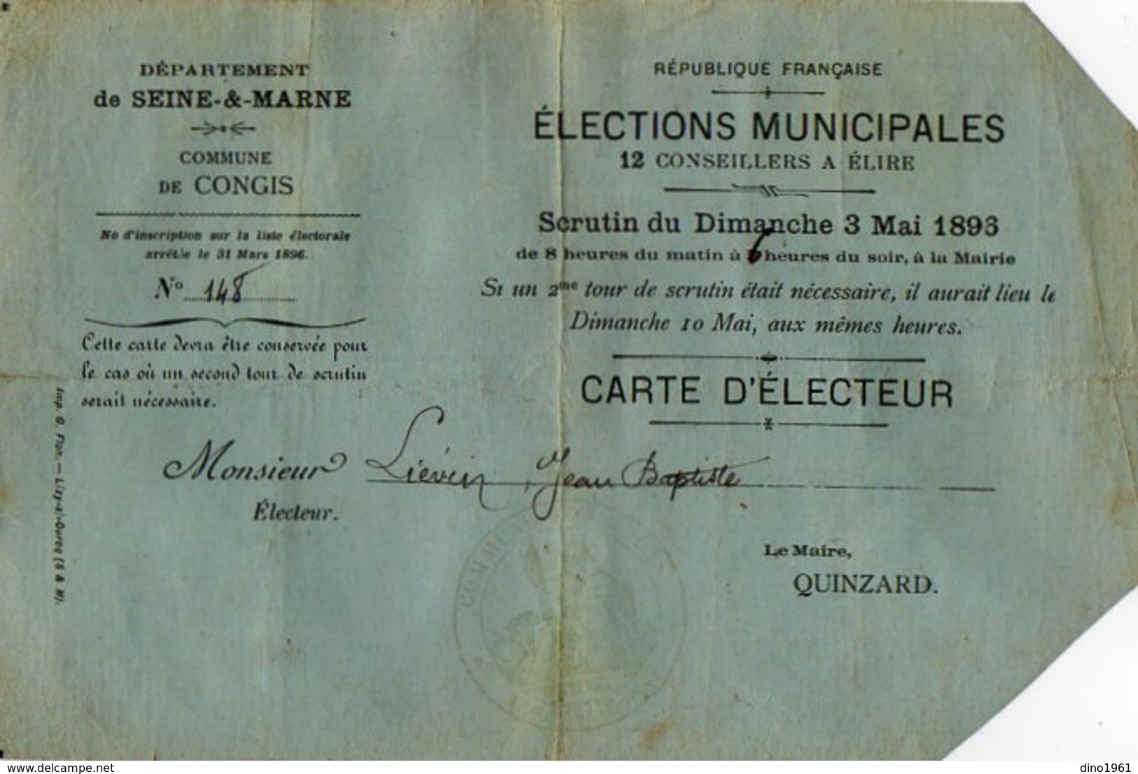 VP7528 - Commune De CONGIS ( Seine Et Marne ) - Carte D'Electeur De Mr Jean - Baptiste LIEVIN - Otros & Sin Clasificación