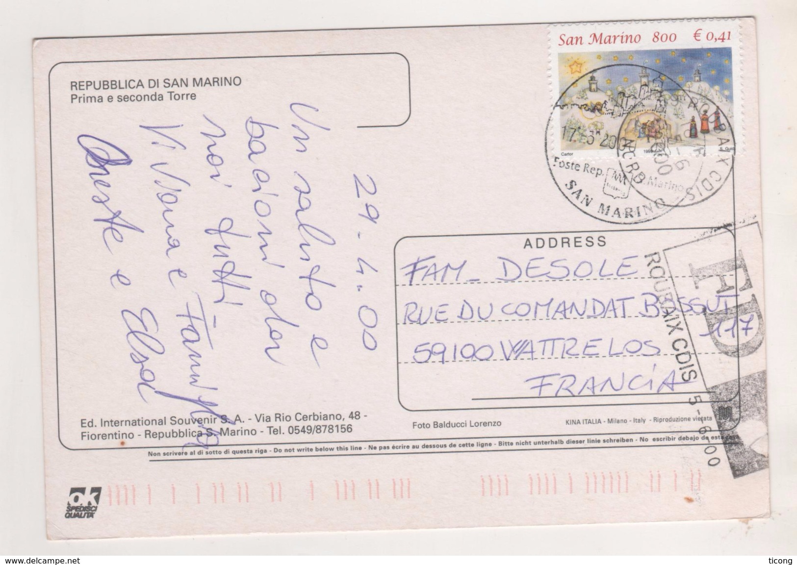 SAN MARINO 2000 - CARTE POUR WATTRELOS FRANCE, FD ROUBAIX - CACHET ILLUSTRE SUR TIMBRE DE NOEL - Lettres & Documents