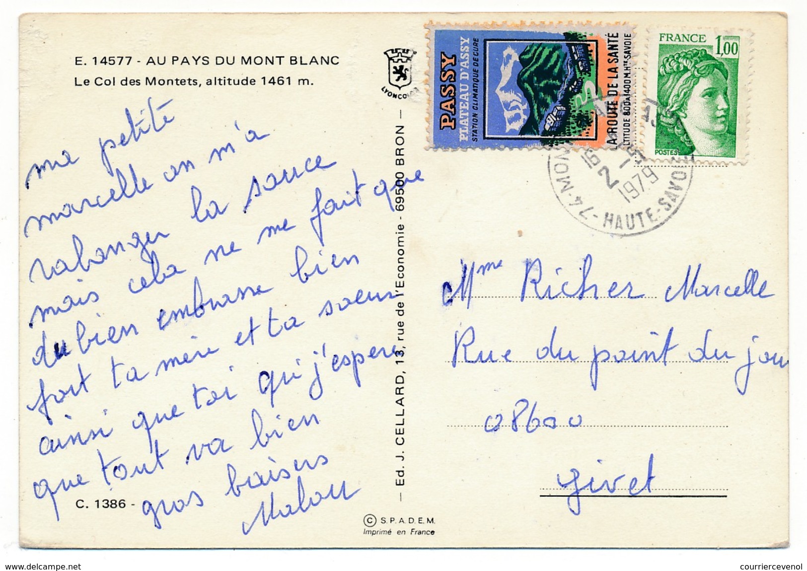 FRANCE => Vignette "Passy, Plateau D'Assy - La Route De La Santé" Sur Carte Postale 1979 - Lettres & Documents