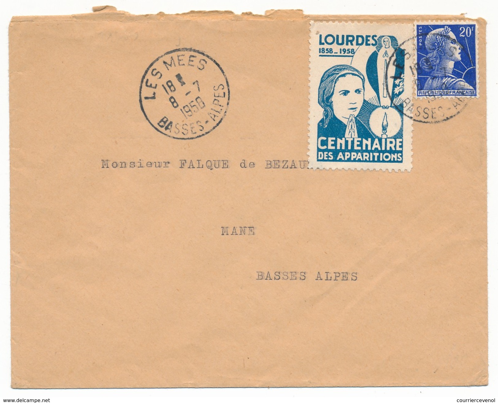 FRANCE => Vignette "LOURDES - Centenaire Des Apparitions" Sur Enveloppe - Les Mées Basses Alpes 1950 - Cartas & Documentos
