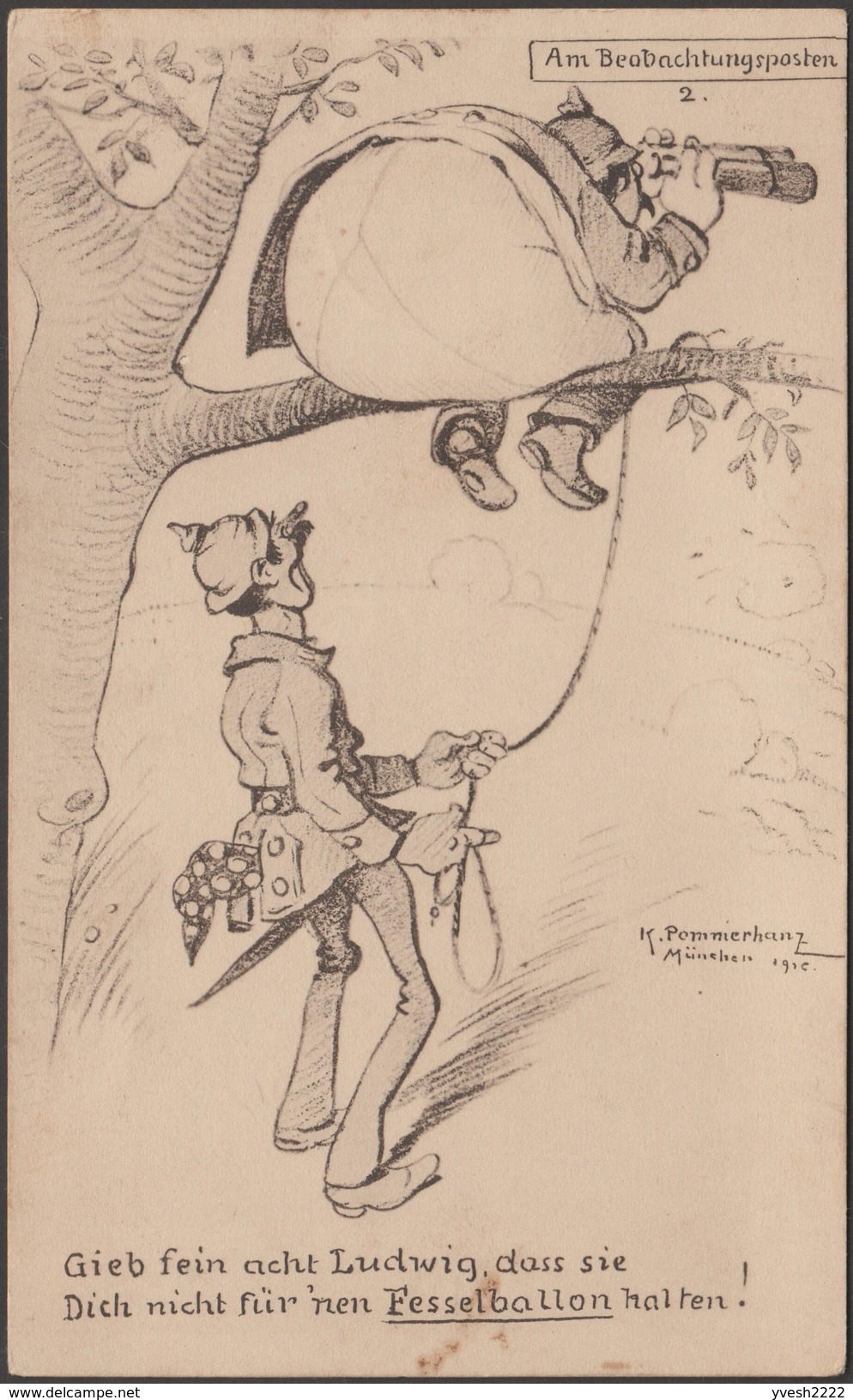 Allemagne 1917. Carte De Franchise Militaire. Bande Dessinée, Observation Aux Jumelles. Soldat Obèse, Arbre - Comics