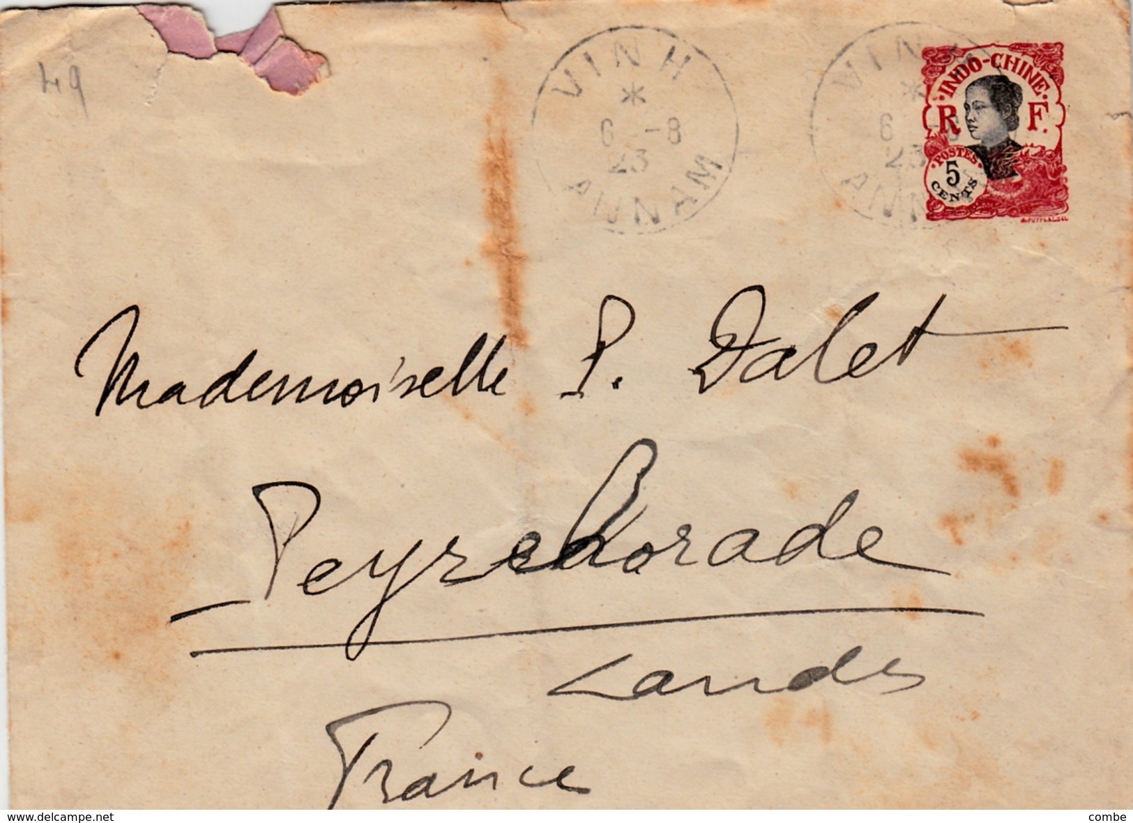 LETTRE INDO CHINE. 6 AOUT. 1923.   ENTIER 5c VINH ANNAM POUR LA FRANCE - Lettres & Documents