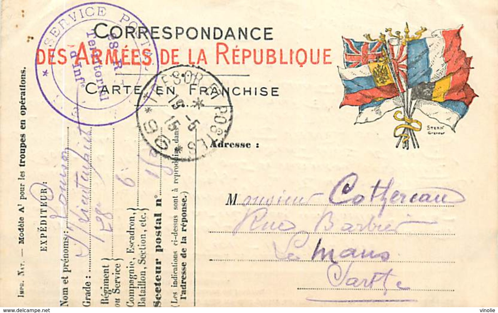 A-17-182 : CARTE POSTALE FRANCHISE MILITAIRE. CORRESPONDANCE DES ARMEES. DRAPEAUX TRESOR POSTE 96. 28 REGT TERRITORIAL - Lettres & Documents