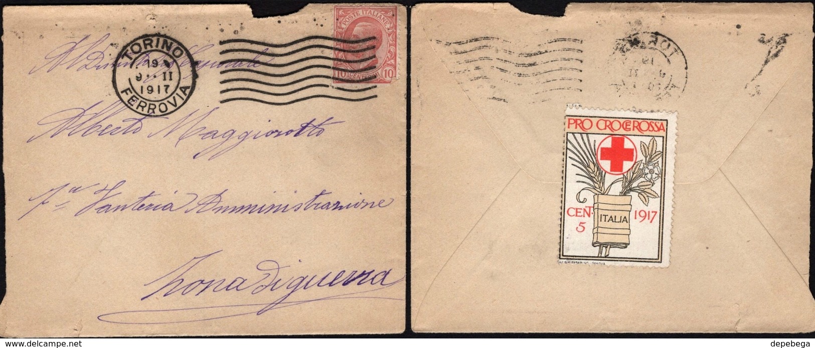 Italy - 1917 - Cover With ' PRO CROCE ROSSA Italia 1917' Stamp, Torino 9.2.1917 (zona Di Guerra) - Storia Postale