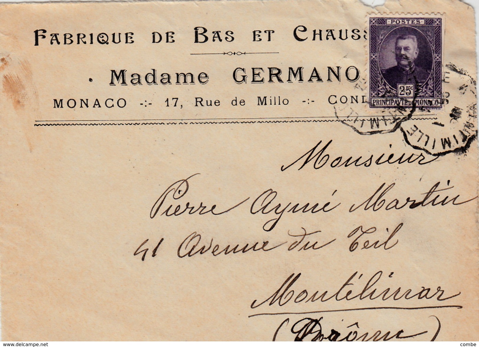 MONACO DEVANT DE LETTRE. AMBULANT A VINTIMILLE MADAME GERMANO FABRIQUE DE BAS ET CHAUSSETTES - Briefe U. Dokumente