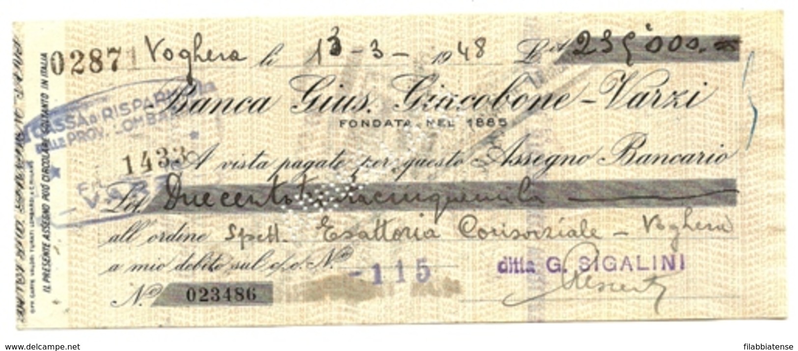 1948 - Italia - Assegno Della Banca Gius. Giucobone, - Chèques & Chèques De Voyage
