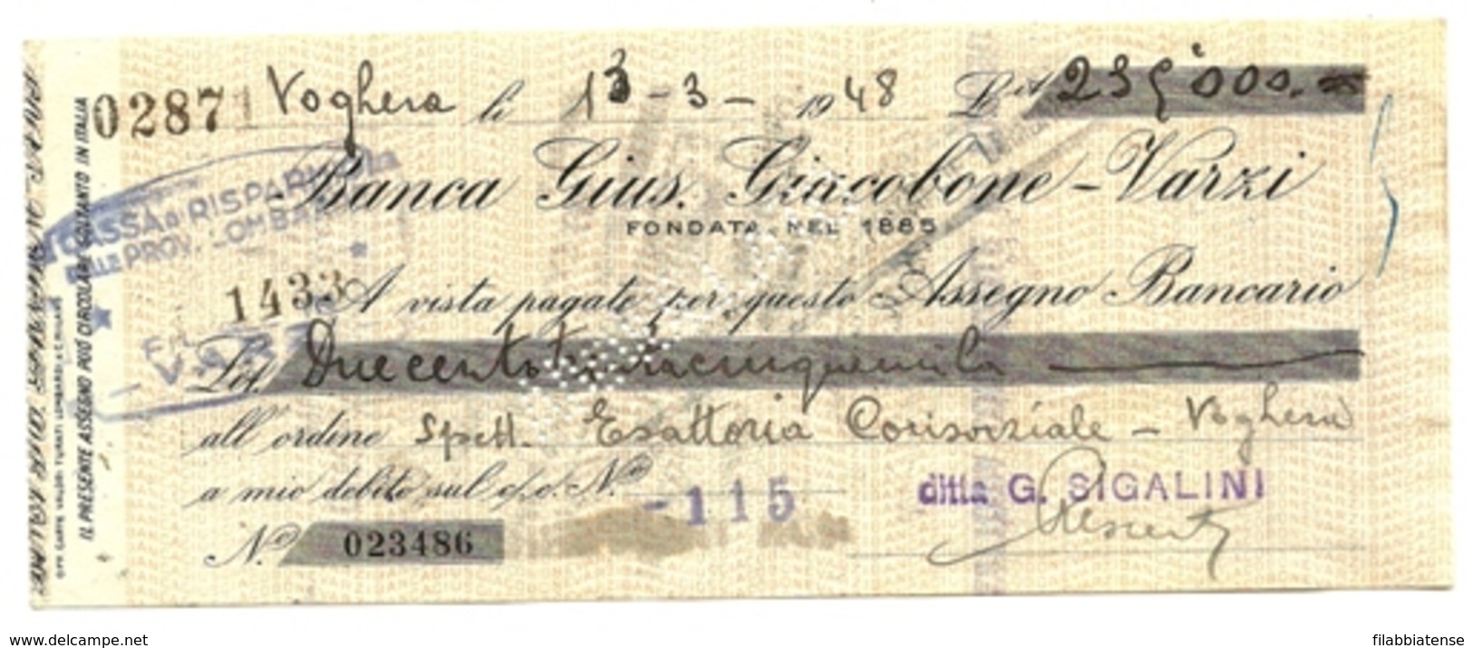 1948 - Italia - Assegno Della Banca Gius. Giucobone, - Assegni & Assegni Di Viaggio