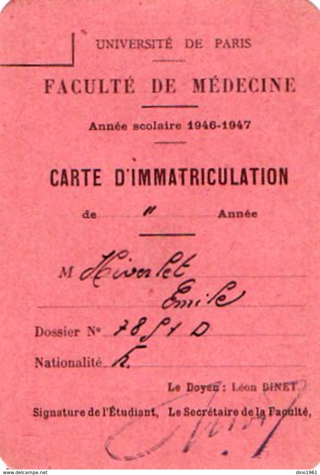 VP7536 - Université De PARIS - Faculté De Médecine - Carte D'Immatriculation E.HIVERLET - Autres & Non Classés